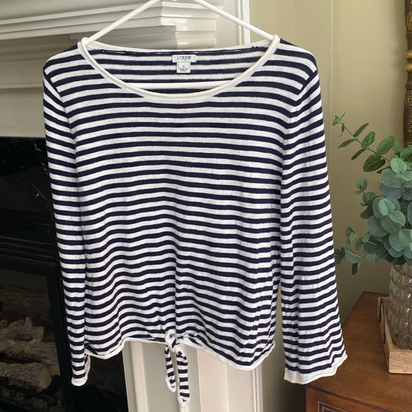 J Crew Navy Striped Boatneck Tie-Front Sweater - Picture 2 of 8